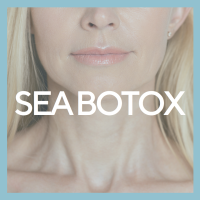A soft light blue background with the words Sea botox across the chin and neck of a woman with wrinkles